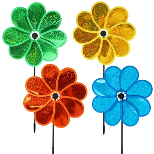 timecity 4PCS Flower Wind Spinner Sparkly Lawn Pinwheel 118 inch Colorful Green Yellow Orange Light Blue Garden Windmill for Garden Party Outdoor Yard Decor - Image 1