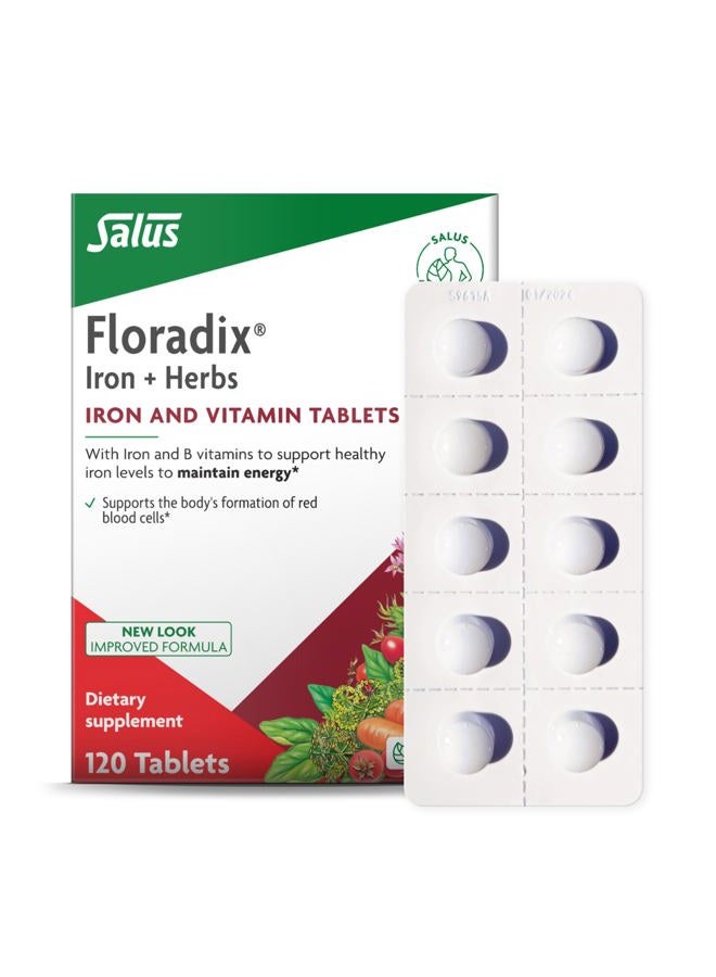 Floradix Iron Tablets - Iron Supplement with Folic Acid, Vitamin C & More - Energy Support - Vegetarian, Gluten-Free - 120 Tablets  - Image 1