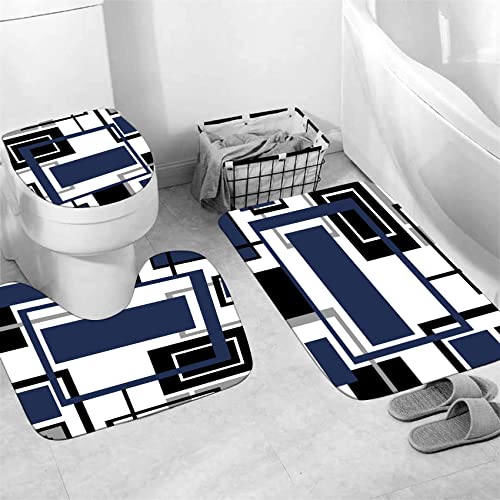 Yddsky 4 Pcs Blue Geometric Shower Curtain Sets with 12 Hooks Non-Slip Rugs U-Shaped Bath Mat, Toilet Cover, Abstract Geometric Modern Black and Blue Bathroom Set - Image 4