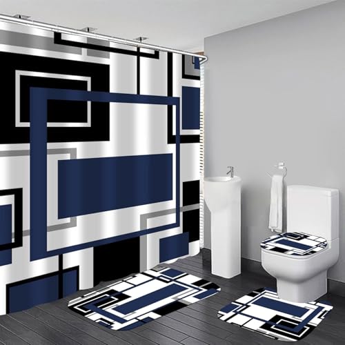 Yddsky 4 Pcs Blue Geometric Shower Curtain Sets with 12 Hooks Non-Slip Rugs U-Shaped Bath Mat, Toilet Cover, Abstract Geometric Modern Black and Blue Bathroom Set - Image 1