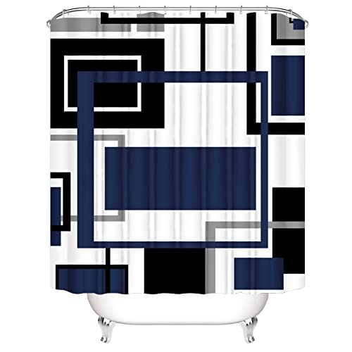 Yddsky 4 Pcs Blue Geometric Shower Curtain Sets with 12 Hooks Non-Slip Rugs U-Shaped Bath Mat, Toilet Cover, Abstract Geometric Modern Black and Blue Bathroom Set - Image 3