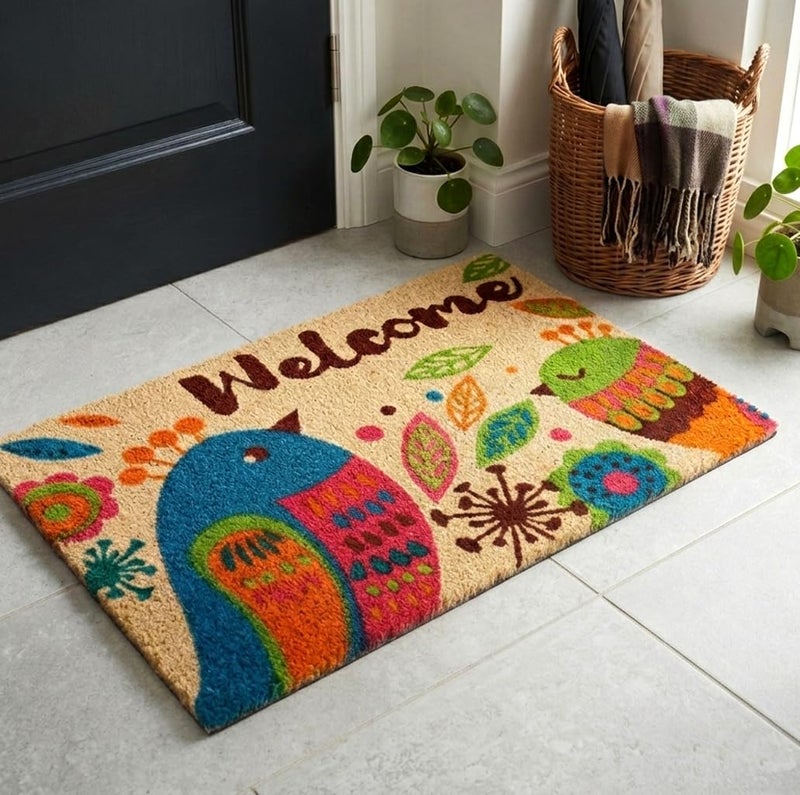 ATMAH Birdy Welcome Coir Door Mat 40 x 60 cm | Anti Slip PVC Backing | Dirt Trapper | Indoor & Covered Outdoor Entrance Mat | Natural - Image 1