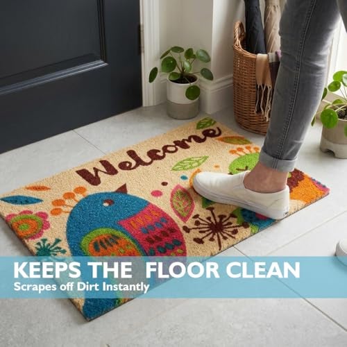 ATMAH Birdy Welcome Coir Door Mat 40 x 60 cm | Anti Slip PVC Backing | Dirt Trapper | Indoor & Covered Outdoor Entrance Mat | Natural - Image 2