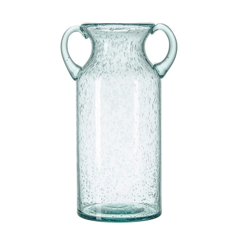 Flower Vase Glass Elegant Double Ear Decorative Handmade Air Bubbles Bluish Color Glass Vase for Centerpiece Home Decor Large