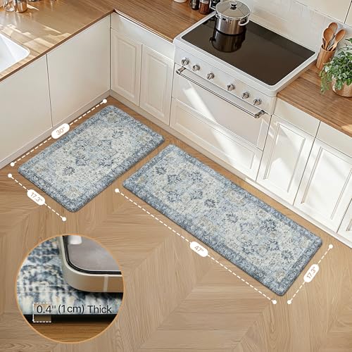 GENIMO Kitchen Mats for Floor 2PCs, Washable Anti Fatigue Mat for Cushioned, 17.3"x47"+17.3"x30", 0.4 inch, Waterproof Kitchen Rug, Non Slip Standing Mat for Home, Runner, Office, Laundry, Light Blue - Image 2