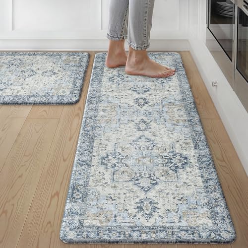GENIMO Kitchen Mats for Floor 2PCs, Washable Anti Fatigue Mat for Cushioned, 17.3"x47"+17.3"x30", 0.4 inch, Waterproof Kitchen Rug, Non Slip Standing Mat for Home, Runner, Office, Laundry, Light Blue - Image 1