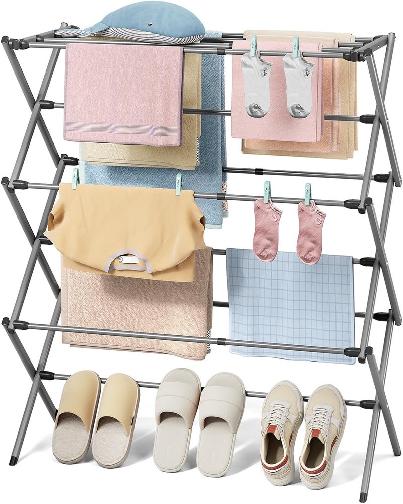 KINGBOARD Clothes Drying Rack, Collapsible Drying Rack Clothing with 11 Poles, 3-Tier Laundry Drying Rack, Small Clothes Drying Rack Foldable for Baby Clothes Sock Towel, 25lb Capacity, Grey - Image 1