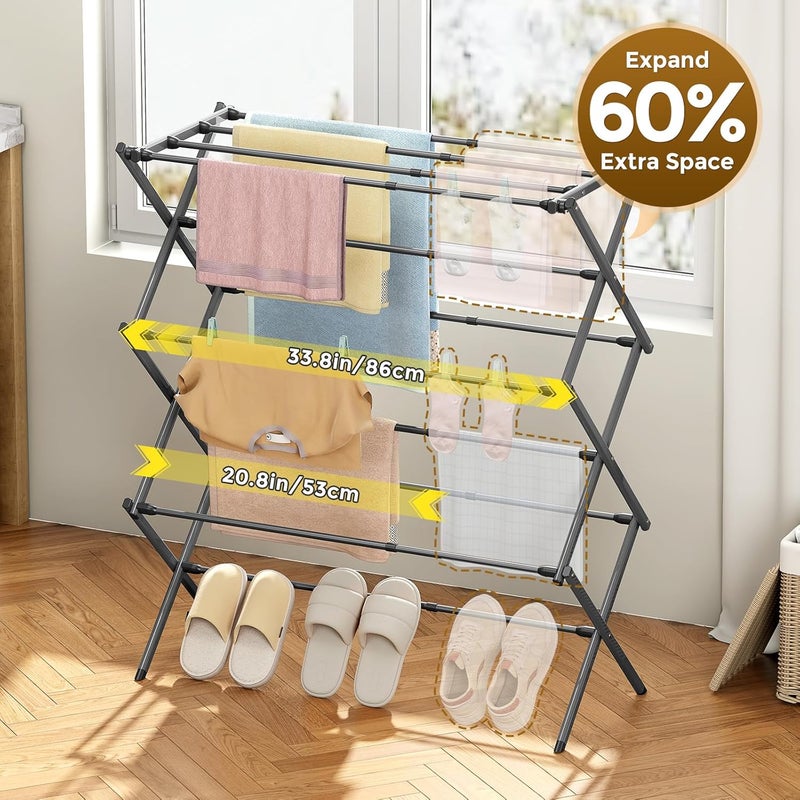 KINGBOARD Clothes Drying Rack, Collapsible Drying Rack Clothing with 11 Poles, 3-Tier Laundry Drying Rack, Small Clothes Drying Rack Foldable for Baby Clothes Sock Towel, 25lb Capacity, Grey - Image 2