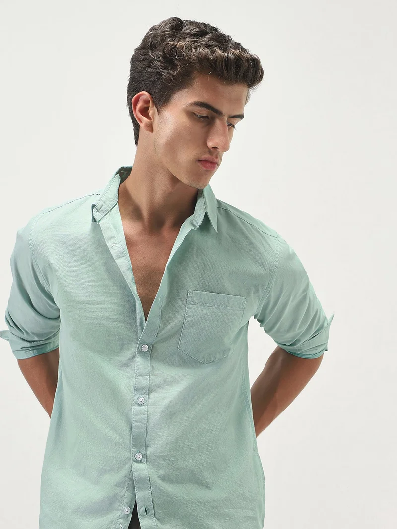 Urbano Fashion  Urbano Fashion Men's Mint Cotton Full Sleeve Regular Fit Casual Solid Slub Shirt with Spread Collar  | Best Price UAE