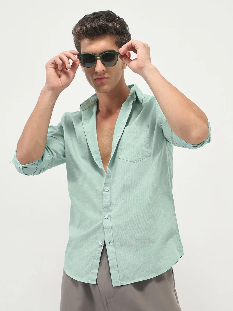 Urbano Fashion  Urbano Fashion Men's Mint Cotton Full Sleeve Regular Fit Casual Solid Slub Shirt with Spread Collar  | Best Price UAE