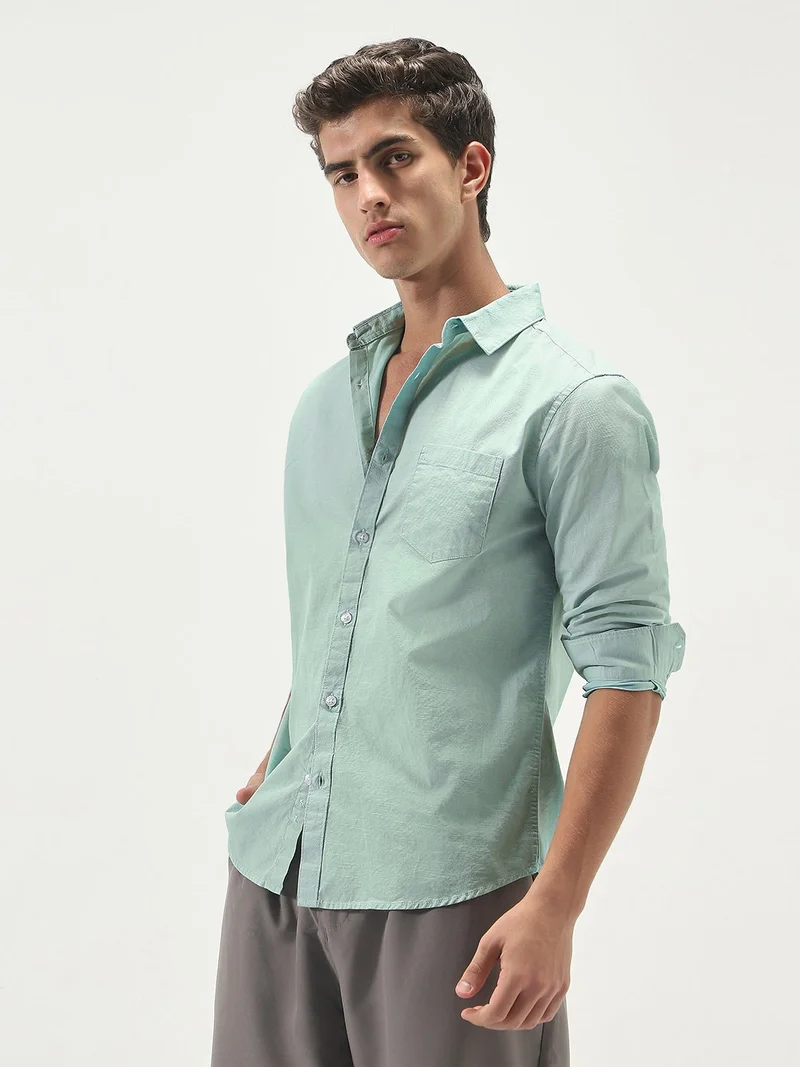 Urbano Fashion Men's Mint Cotton Full Sleeve Regular Fit Casual Solid Slub Shirt with Spread Collar