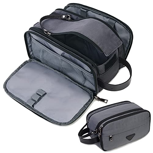 CROCOD Mens Toiletry Bag Travel Leather Toiletry Organizer Dopp Kit for Men Water-resistant Shaving Bag for Bathroom (Grey) - Image 1