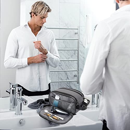 CROCOD Mens Toiletry Bag Travel Leather Toiletry Organizer Dopp Kit for Men Water-resistant Shaving Bag for Bathroom (Grey) - Image 5