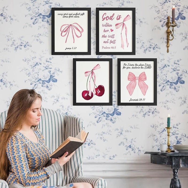 DSHFG Coquette Pink Bow Cherry Bible Verse Wall Decor, Preppy Pink Room Decor for Teen Girls Dorm Bedroom Bathroom, Christian Scripture Wall Art Prints Set of 4, 8x10 Unframed - Image 3