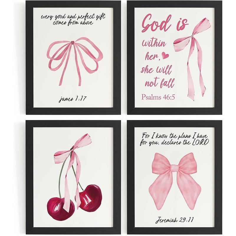 DSHFG Coquette Pink Bow Cherry Bible Verse Wall Decor, Preppy Pink Room Decor for Teen Girls Dorm Bedroom Bathroom, Christian Scripture Wall Art Prints Set of 4, 8x10 Unframed - Image 1