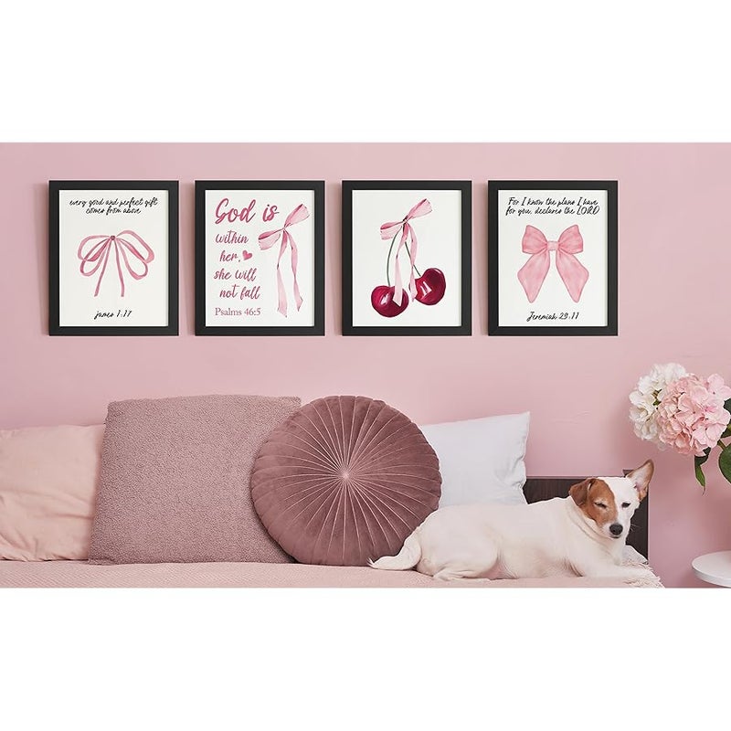 DSHFG Coquette Pink Bow Cherry Bible Verse Wall Decor, Preppy Pink Room Decor for Teen Girls Dorm Bedroom Bathroom, Christian Scripture Wall Art Prints Set of 4, 8x10 Unframed - Image 5