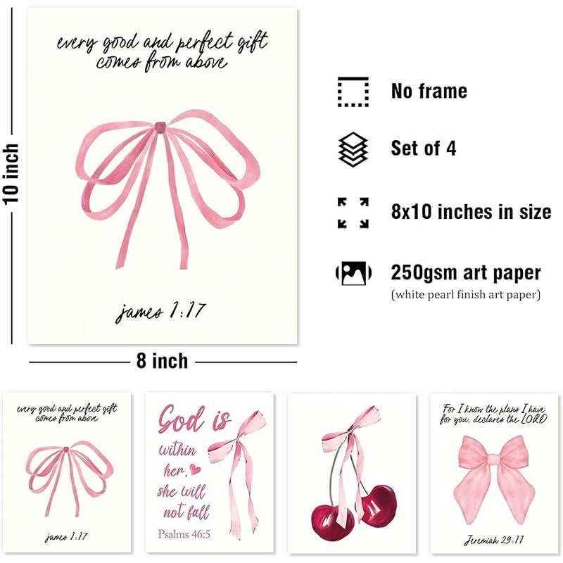 DSHFG Coquette Pink Bow Cherry Bible Verse Wall Decor, Preppy Pink Room Decor for Teen Girls Dorm Bedroom Bathroom, Christian Scripture Wall Art Prints Set of 4, 8x10 Unframed - Image 2