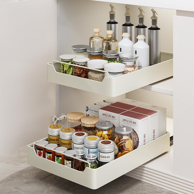 Suicune White Slide Out Pantry Drawers with Cuttable Waterproof Liner Metal Heavy Duty No Drill Corner Sliding Sturdy Shelf Storage for Kitchen Bathroom - Image 1