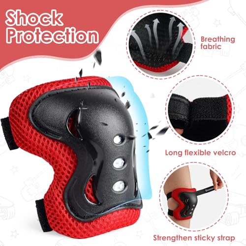 Bosoner Kids/Youth Knee Pad Elbow Pads Guards Protective Gear Set for Roller Skates Cycling BMX Bike Skateboard Inline Skatings Scooter Riding Sports (Black / Red, Medium(9-15 years)) - Image 5