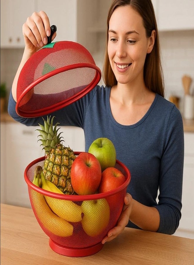 Dhakshy Apple Shape Fruits & Vegetables Basket for Kitchen With Net Cover Lid Steel Big Size for Dinning Home Net Cover Protective Fruits Vegetables Storage Basket For Kitchen (PACK OF 1) - Image 1