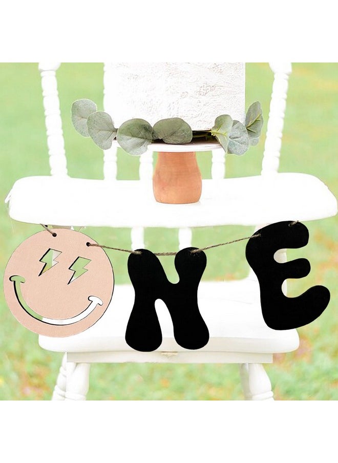 MLOLM Wooden Smile One Bannerfirst Birthday High Chair Bannerone Highchair Banner For One Happy Dude 1St Birthday Decorationssmiley Face Hippie Groovy Birthday Party Decorations  - Image 1