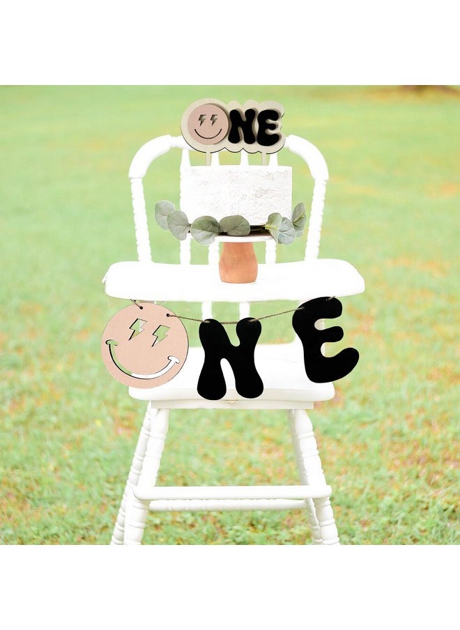 MLOLM Wooden Smile One Bannerfirst Birthday High Chair Bannerone Highchair Banner For One Happy Dude 1St Birthday Decorationssmiley Face Hippie Groovy Birthday Party Decorations  - Image 4