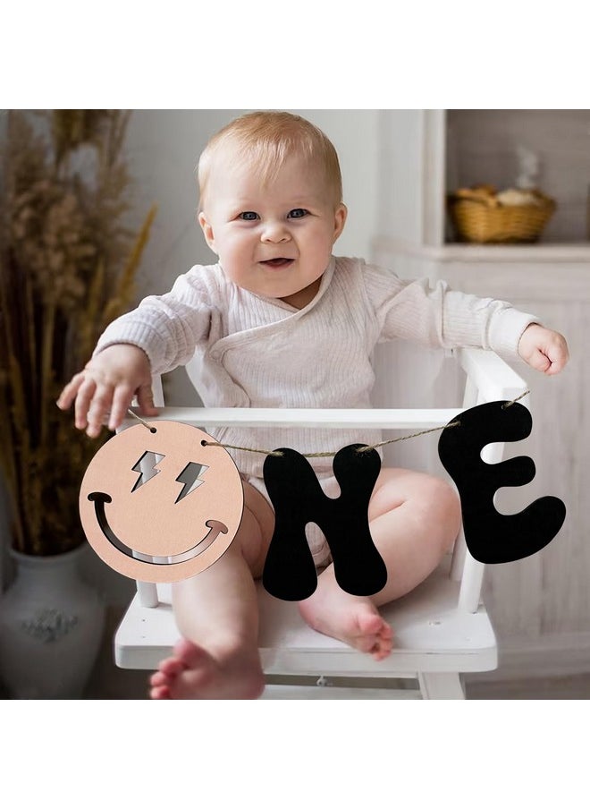 MLOLM Wooden Smile One Bannerfirst Birthday High Chair Bannerone Highchair Banner For One Happy Dude 1St Birthday Decorationssmiley Face Hippie Groovy Birthday Party Decorations  - Image 3