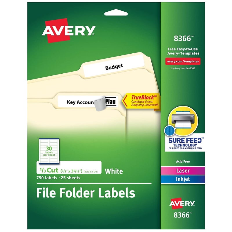 Avery 8366 Permanent Filing Labels, 1/3 Cut, 750/PK, White - Image 1