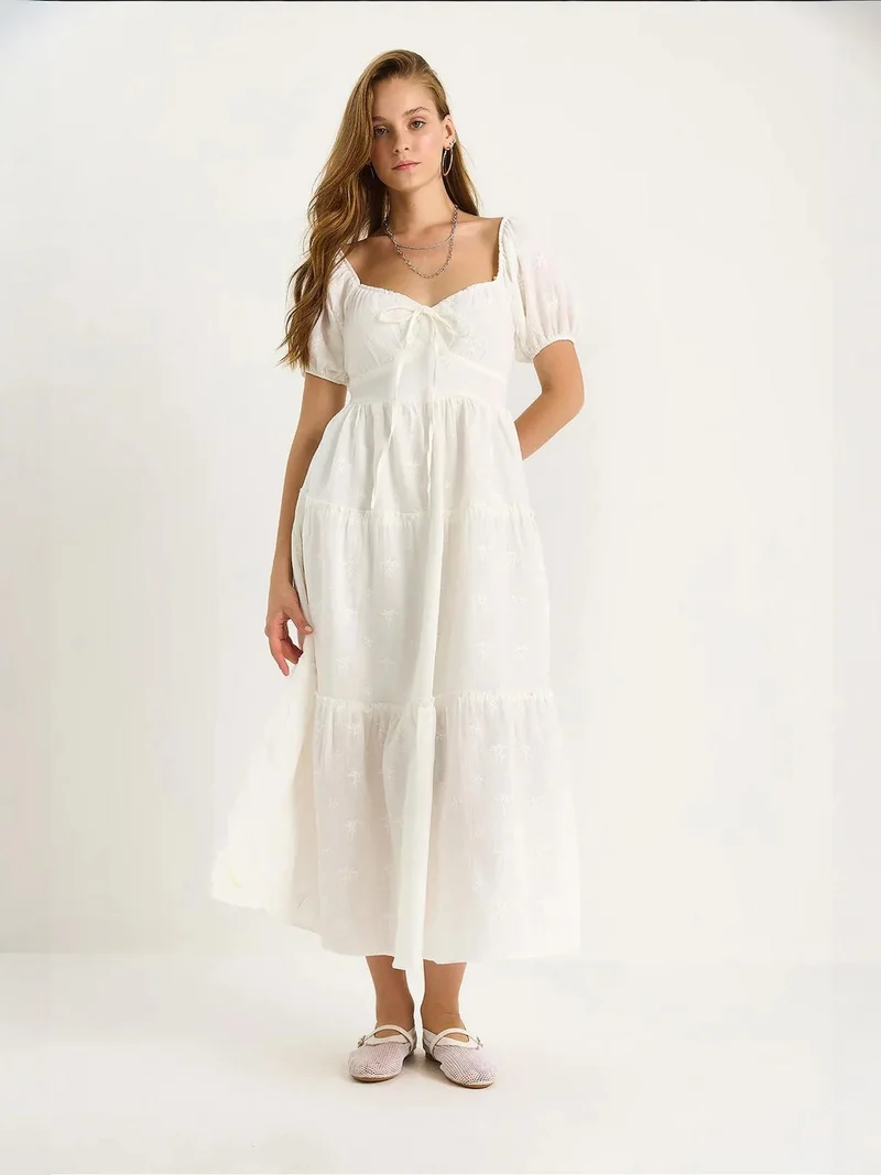 Bianco Lucci White LUCCI Embroidered Heart Collar Maxi Dress for Women | Best Price UAE