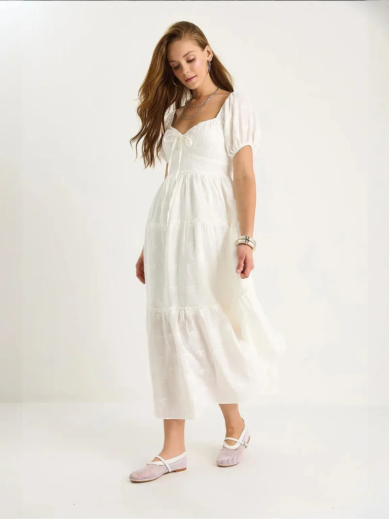 Bianco Lucci White LUCCI Embroidered Heart Collar Maxi Dress for Women | Best Price UAE