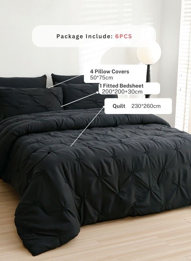 LUNA Home King size comforter set, 6 piece fitted bedding set pintuck pleated, black color. - Image 2