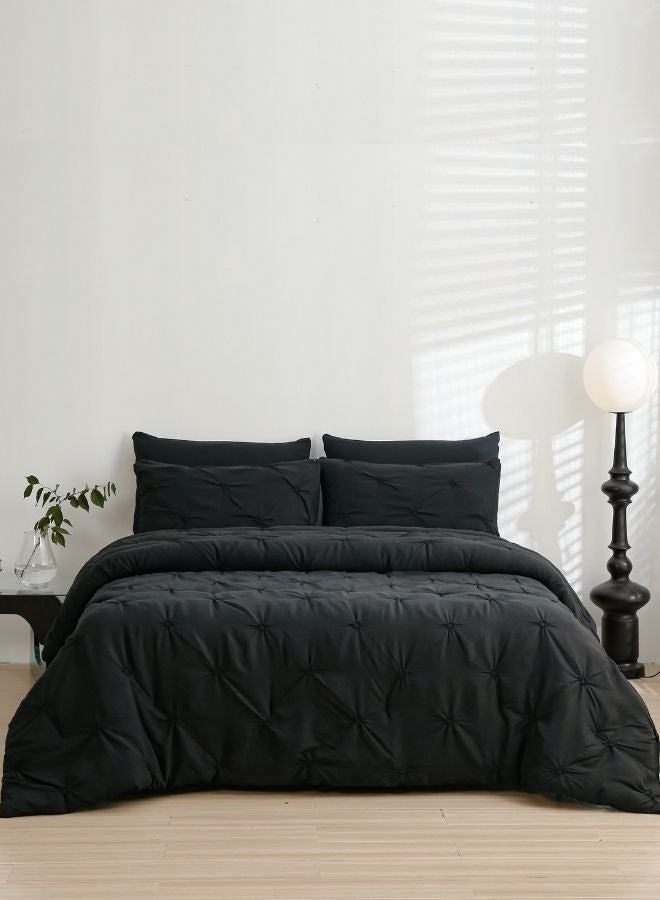 LUNA Home King size comforter set, 6 piece fitted bedding set pintuck pleated, black color. - Image 3