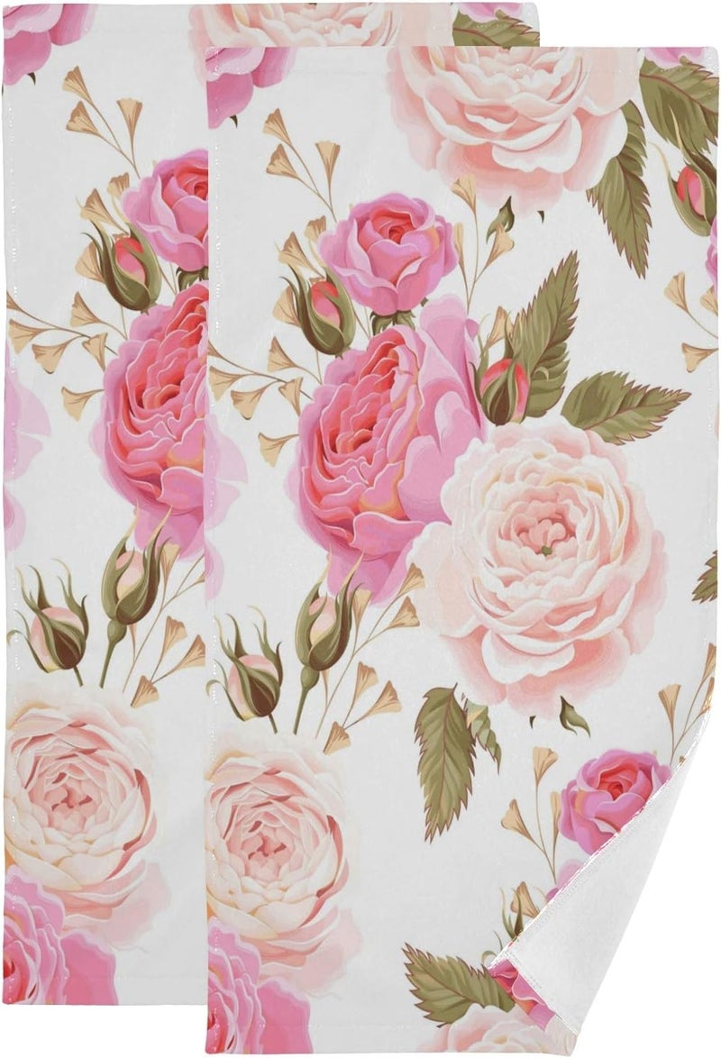 susiyo Beautiful Floral Pink Roses Hand Towels Set of 2 Luxury Print Decorative Bathroom Towels Super Soft Highly Absorbent Multipurpose Towels for Yoga Gym Spa Hotel Bathroom Kitchen 28x14 Inch - Image 1