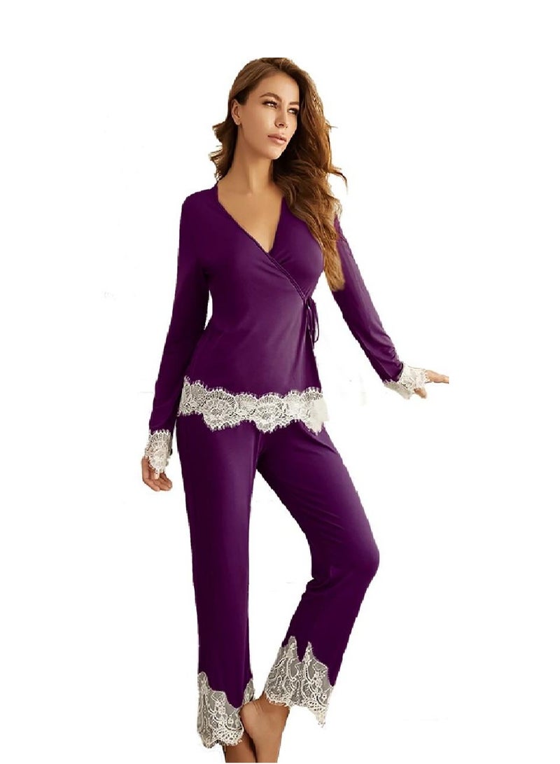 Women's cotton pajamas decorated with white festoon - Image 1