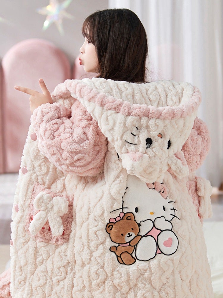 Children'S Pajamas Girls' Coral Fleece Winter Thickened Three-Layer Quilted Girls' Big Children'S Hooded Robe Warm Home Clothes - Image 2