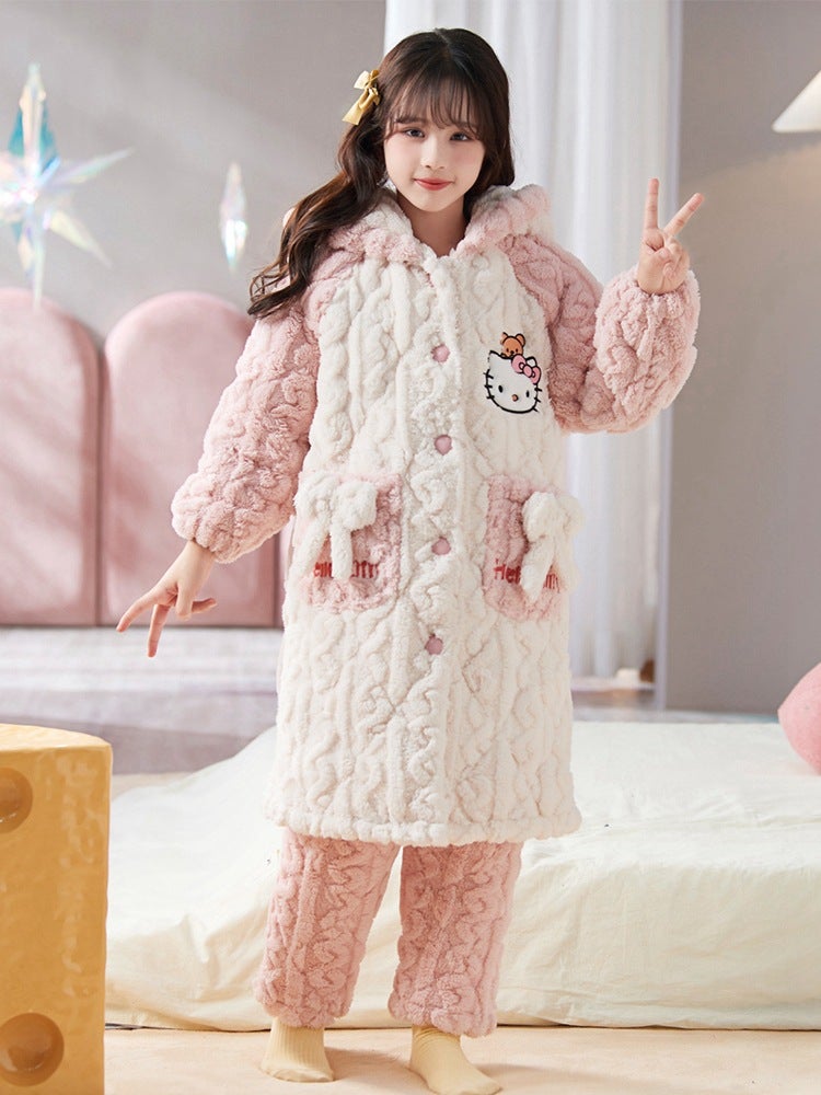 Children'S Pajamas Girls' Coral Fleece Winter Thickened Three-Layer Quilted Girls' Big Children'S Hooded Robe Warm Home Clothes - Image 5