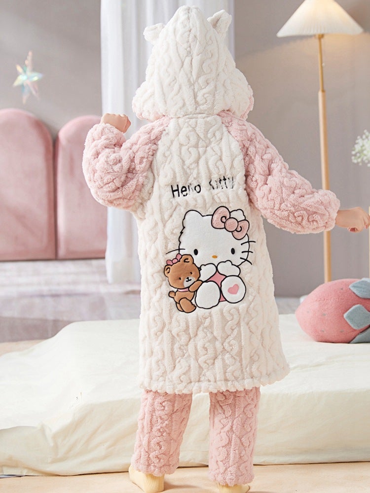 Children'S Pajamas Girls' Coral Fleece Winter Thickened Three-Layer Quilted Girls' Big Children'S Hooded Robe Warm Home Clothes - Image 4