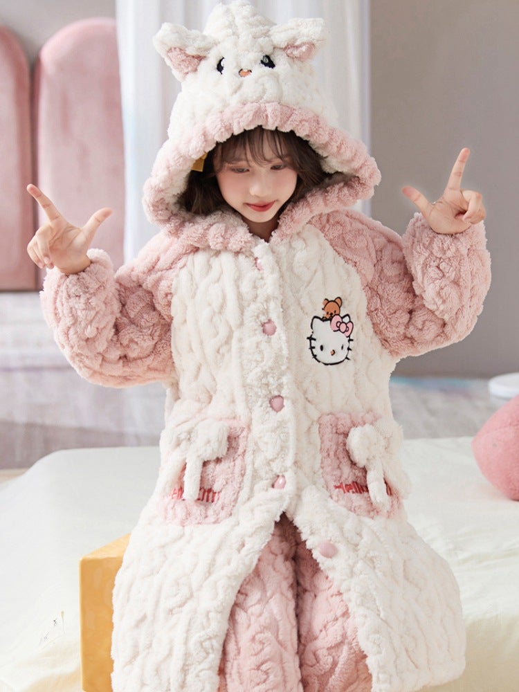 Children'S Pajamas Girls' Coral Fleece Winter Thickened Three-Layer Quilted Girls' Big Children'S Hooded Robe Warm Home Clothes - Image 3