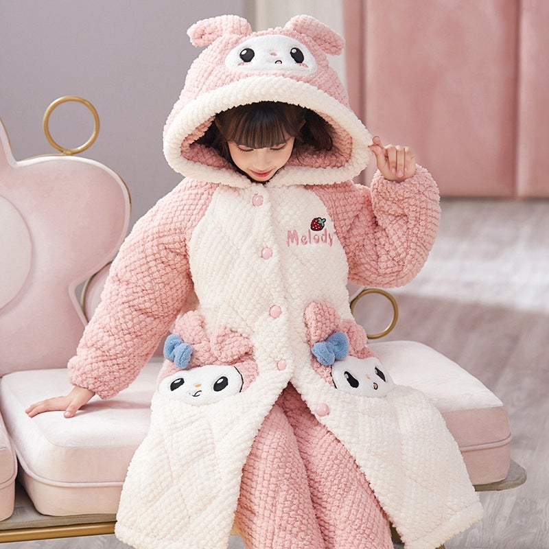 Children'S Pajamas Girls' Coral Fleece Winter Thickened Three-Layer Quilted Girls' Big Children'S Hooded Robe Warm Home Clothes - Image 1