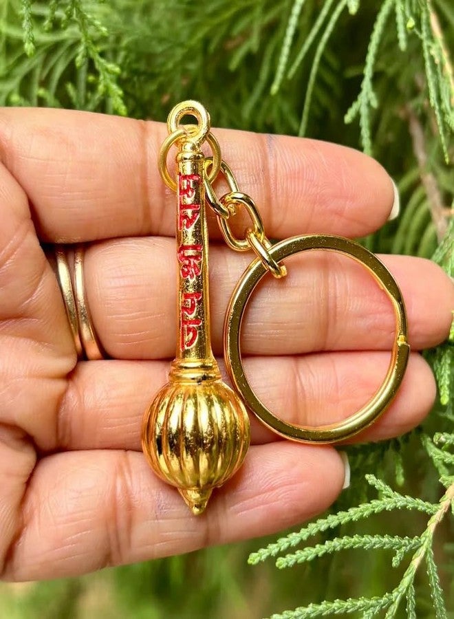 SUKHAD سلسلة مفاتيح سوخاد الذهبية على شكل عصا هانومان | حلقة مفاتيح معدنية دينية على شكل صولجان للسيارة والدراجة ومفاتيح المنزل | سلسلة مفاتيح مطلية بالذهب على شكل تعليقة باجرانغبالي للرجال والنساء - Image 4