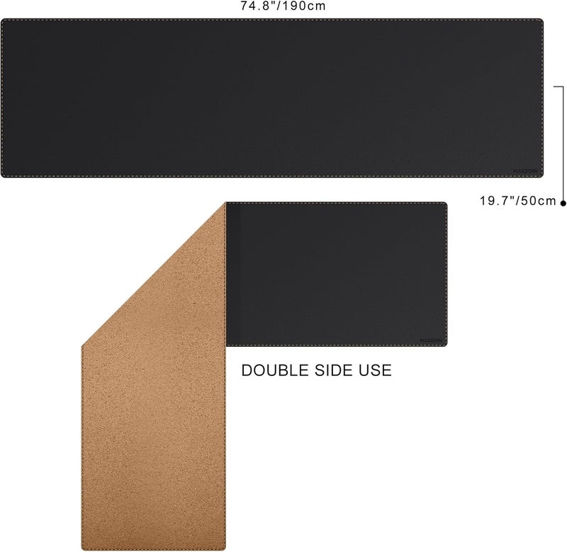 MAIDERN مايدرن حصيرة مكتب جلدية، (5XL) 74.8 × 19.6 بوصة حصيرة مكتب كبيرة قابلة للعكس، حصيرة ماوس كبيرة من الفلين والجلد للمكتب، حصيرة مكتب كمبيوتر مقاومة للماء للألعاب والمكتب المنزلي (أسود) - Image 2