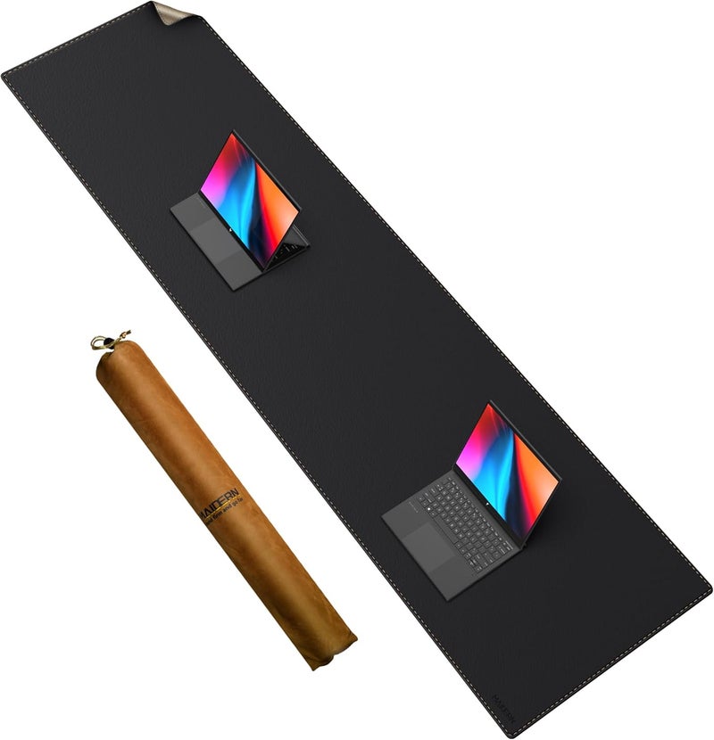 MAIDERN مايدرن حصيرة مكتب جلدية، (5XL) 74.8 × 19.6 بوصة حصيرة مكتب كبيرة قابلة للعكس، حصيرة ماوس كبيرة من الفلين والجلد للمكتب، حصيرة مكتب كمبيوتر مقاومة للماء للألعاب والمكتب المنزلي (أسود) - Image 1