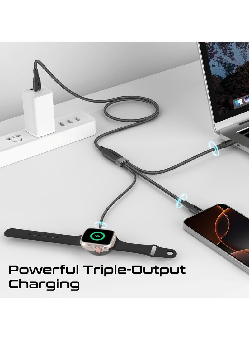 بروميت كابل شحن متعدد الأجهزة مع مخرجين USB-C PD100W، شاحن متوافق مع Apple Watch، نقل بيانات بسرعة 480 ميجابت في الثانية، تصميم مضفر من النايلون، طول الكابل 140 سم، توافق عالمي، Fusion-CCW - Image 2
