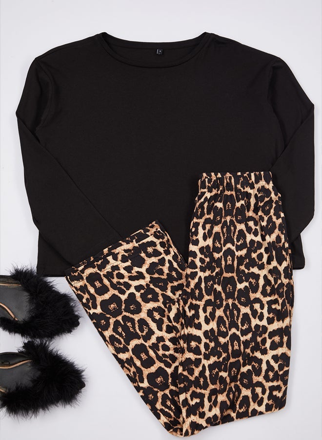 trendyol Black Leopard Patterned Knitted Pajama Set - Image 5