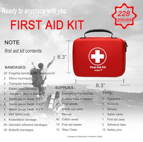 SHBC Compact First Aid Kit (228pcs) Designed for Family Emergency Care. Waterproof EVA Case and Bag is Ideal for The Car, Home, Boat, School, Camping, Hiking, Office, Sports. Protect Your Loved Ones. Red - Image 2