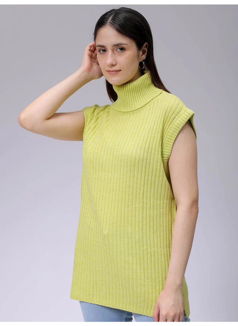 Freehand Women Relaxed Yellow Solid High Neck Sleeveless Sweater