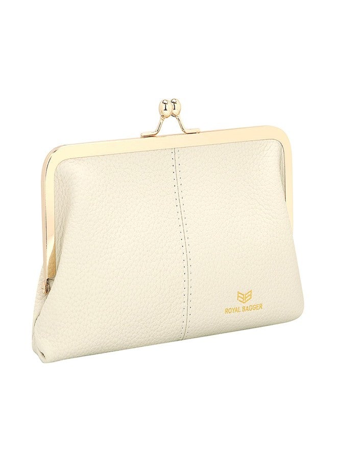 Royal Bagger RFID Kiss Lock Wallet, Solid Colour Multi-Card Slots Card Holder, Genuine Leather Clutch Purses for Women 1468 (White) - Image 1