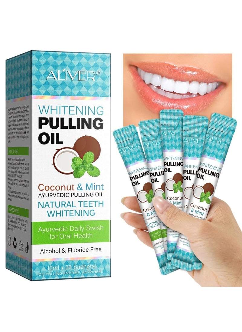 ALIVER Natural Coconut Oil Pulling Mouthwash Sachets 20 Pieces 12ml Each Teeth Whitening & Reducing Bad Breath Coconut Pulling Oil for Oral Health Reduce Bad Mouth Odor Cavity & Gums Sensitivity Unisex  - Image 1