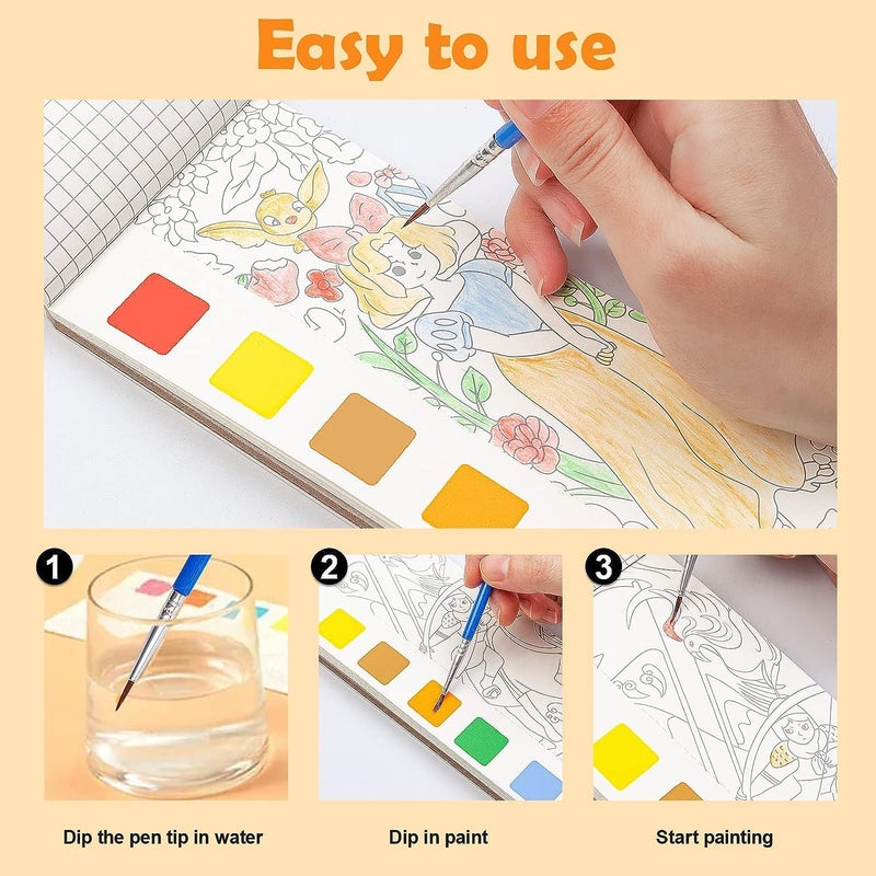 Muren® Pack of 3 Pocket Watercolor Painting Book with Brush 6 Colors 10 Pages, Water Coloring Book with Brush for Kid-Multicolor - Image 4