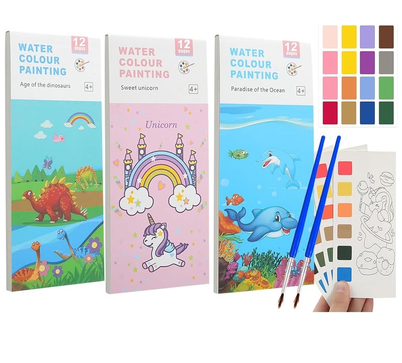 Muren® Pack of 3 Pocket Watercolor Painting Book with Brush 6 Colors 10 Pages, Water Coloring Book with Brush for Kid-Multicolor - Image 1